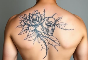 Full arm sleeve men’s lotus flower and leaves with Venetian masks tattoo idea
