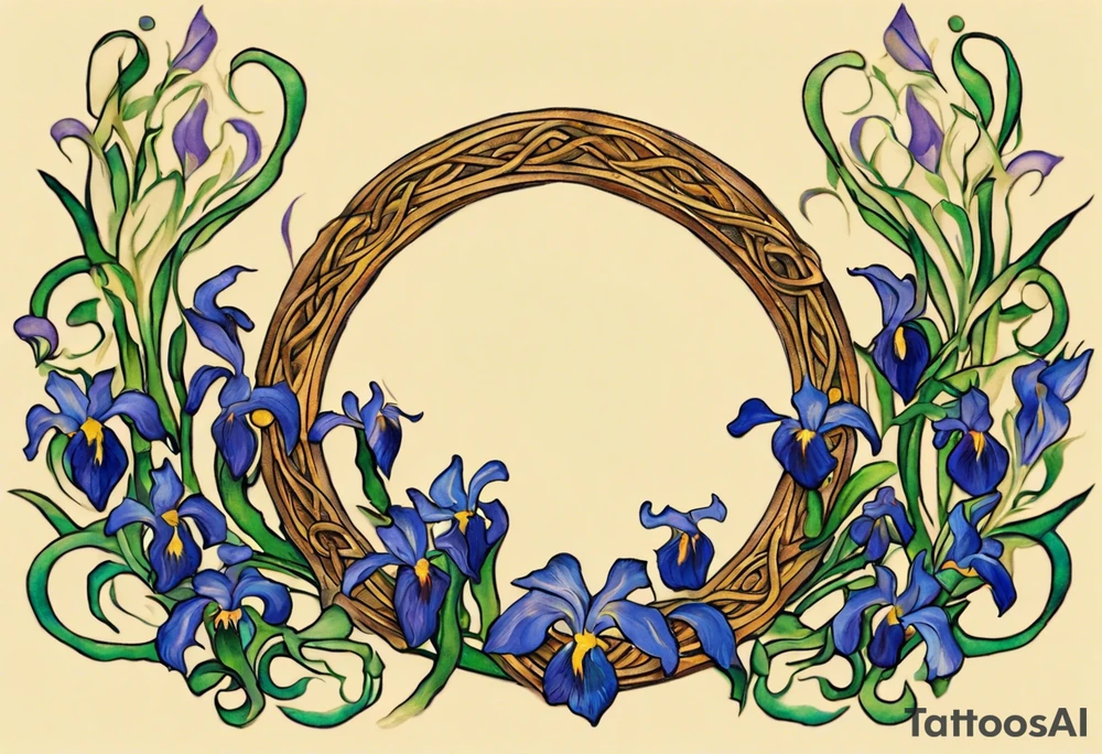 Create a small, delicate colorful Vincent van Gogh Irises tattoo in the form of a crescent, with vines or Celtic knots gracefully intertwining at a central point in the middle of the wreath.  In the middle of the wreath are mountains and other items found in New Mexico. Ensure that the design avoids the appearance of a bush and maintains a more structured and deliberate arrangement. The intended placement is on the upper chest. The overall design should be small in size while maintaining a delicate and artistic aesthetic. Pay attention to the graceful flow of the vines and the placement of the irises to achieve a refined and elegant look. tattoo idea