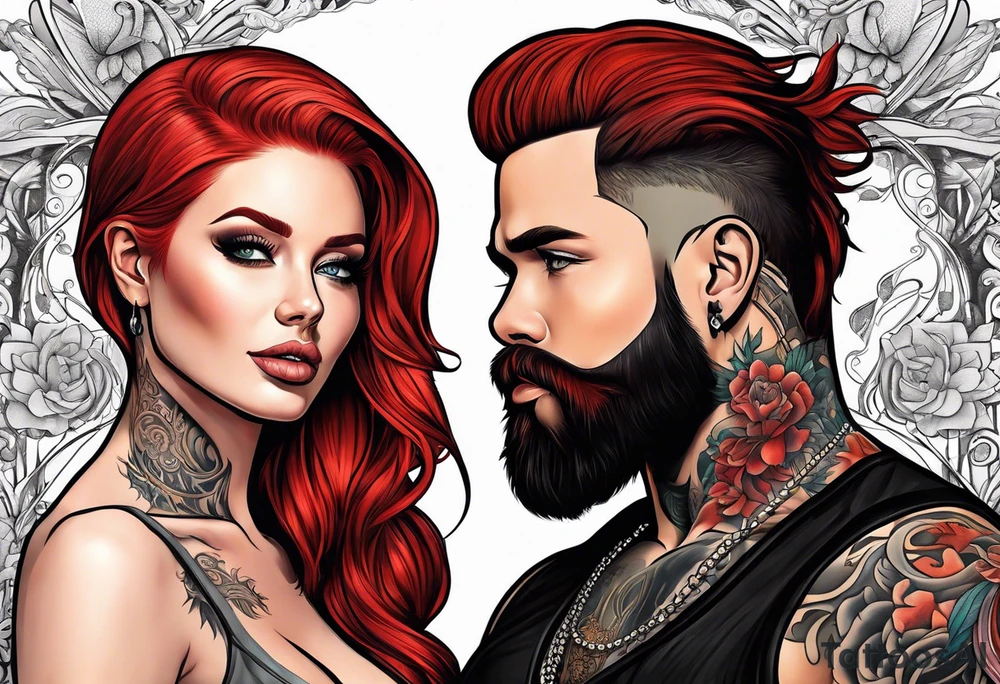 Busty red haired woman with a bearded man who has black hair tattoo idea