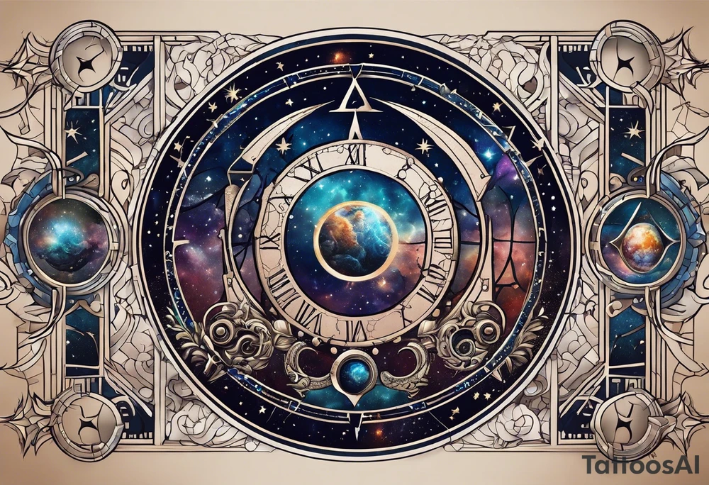 Matter, energy, space and time with an old stone theta symbol with stars in the background and Scorpio constellation tattoo idea