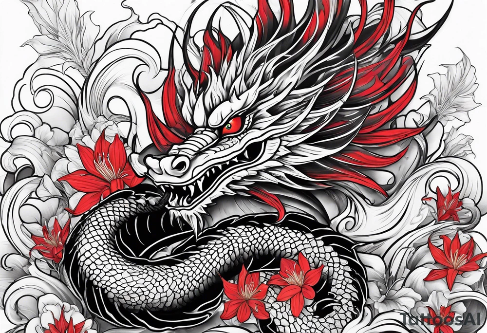 Black Dragon, 
Red Spider Lily, Arm tattoo tattoo idea