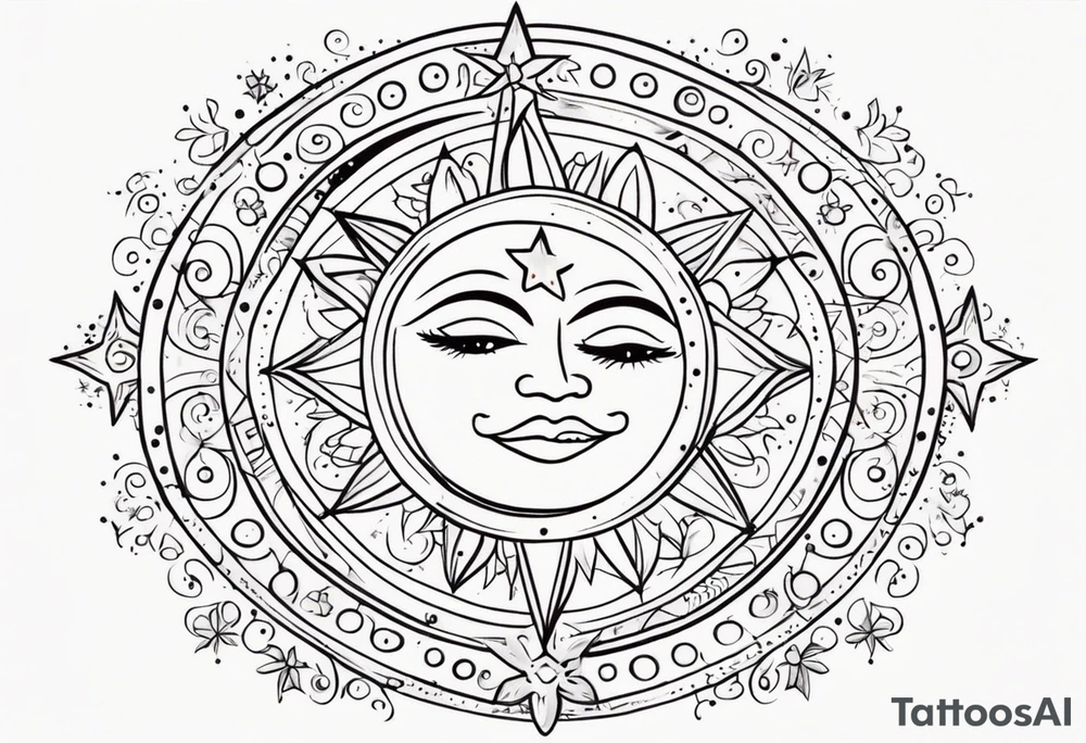 mexican sun stars and moon. Mirrored with swirls and dots and stars tattoo idea