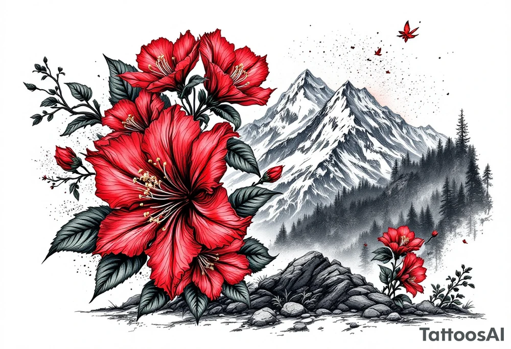 vertical wrist size red  and black rhododendron trippy with Himalayas behind tattoo idea