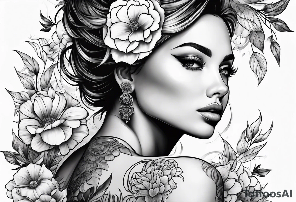 Powerful women’s face with flowers around tattoo idea