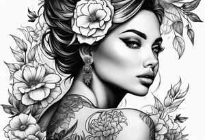 Powerful women’s face with flowers around tattoo idea