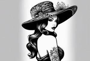 Woman evening gown shaggy mane mushroom hat tattoo idea