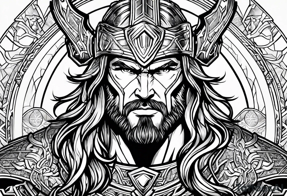 The Mighty Thor from MCU with a vignette in the background tattoo idea