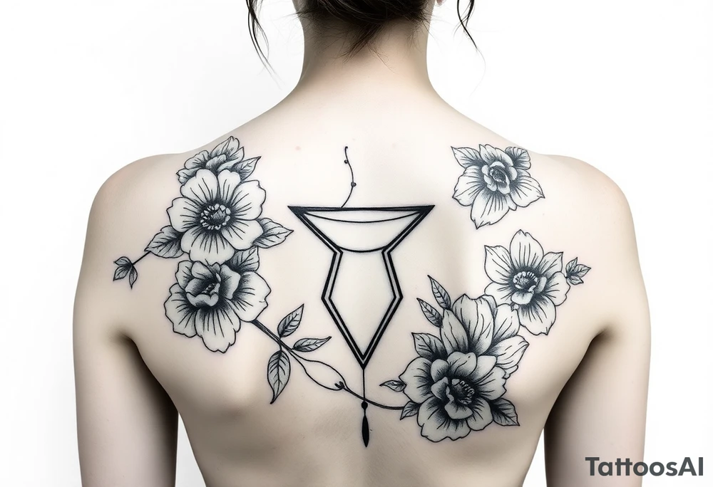 Feminine, full back tattoo, florals on the shoulder with an hourglass in the middle and Mendola lines tattoo idea