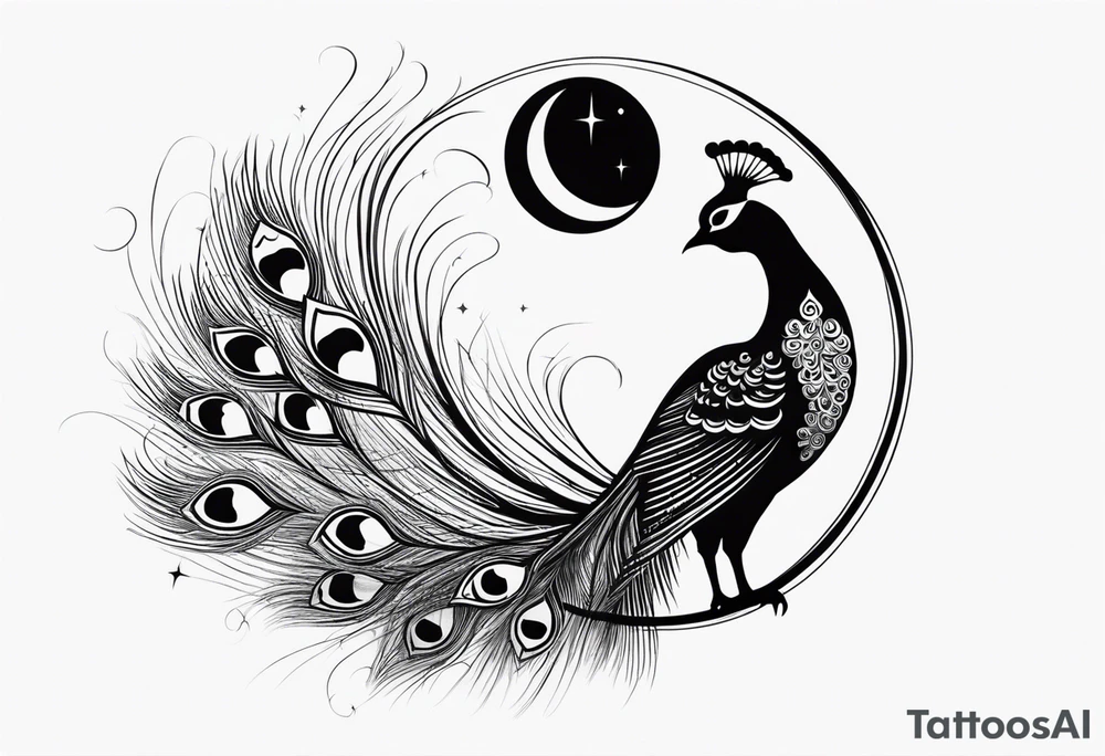 black and white peacock, moon above, infinity symbol tattoo idea
