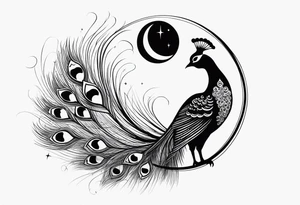 black and white peacock, moon above, infinity symbol tattoo idea