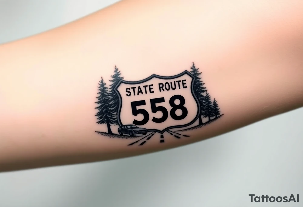 small State Route sign 558, with trees all around and a farm in background, road with a car tattoo idea