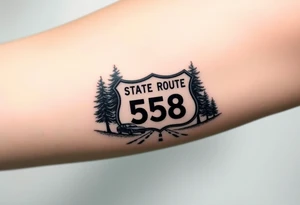 small State Route sign 558, with trees all around and a farm in background, road with a car tattoo idea