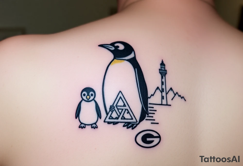 compilation outlining important things in my life such as one adult emperor penguin and 3 baby penguins, celtic trinity knot, lighthouse, mountains/nature, the green bay packers, and something to represent my 3 boys tattoo idea