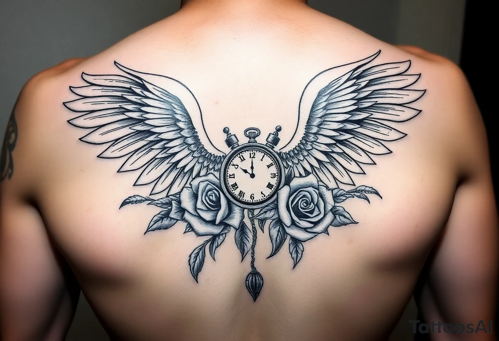 In memory of daddy angel wings and roses with clocks tattoo idea