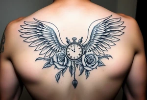 In memory of daddy angel wings and roses with clocks tattoo idea