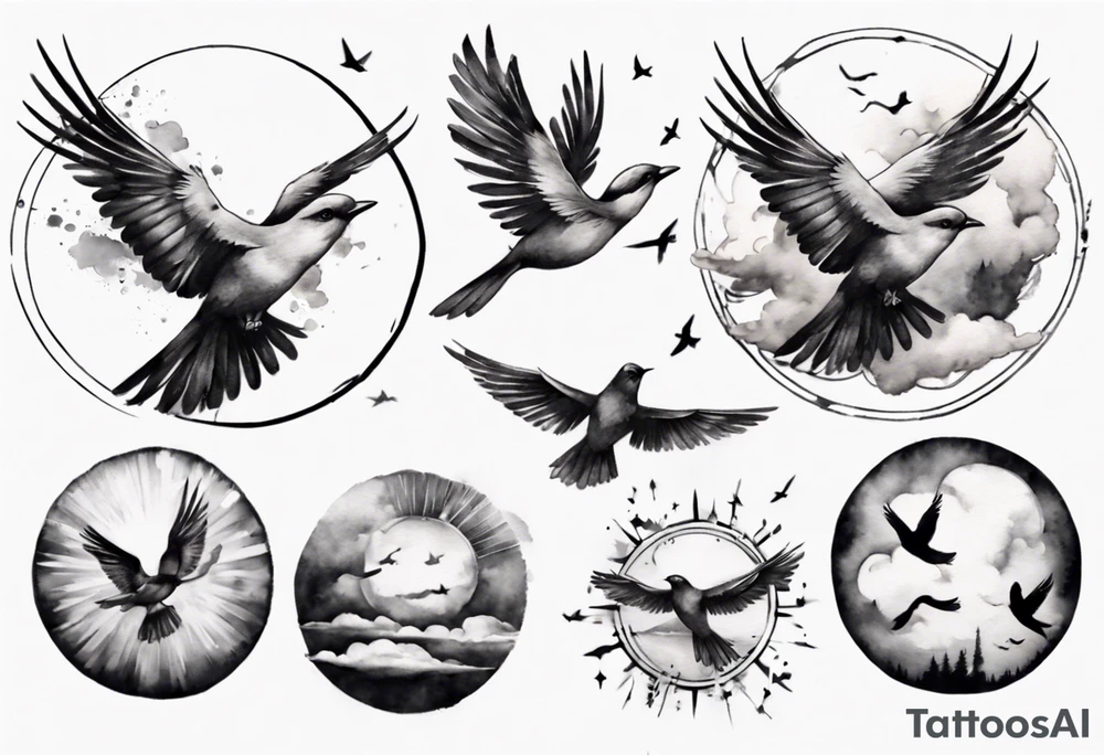 shoulder tattoo with light rays with birds flying free among the clouds, round shape, 3d effect tattoo idea