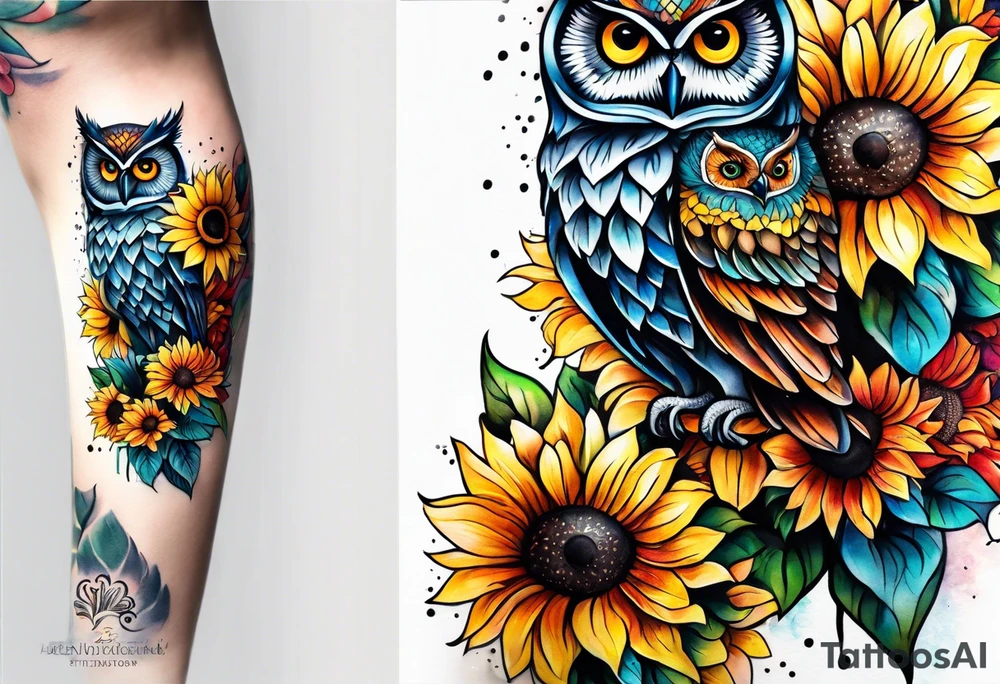 Leg sleeve with colorful sunflowers and an owl tattoo idea