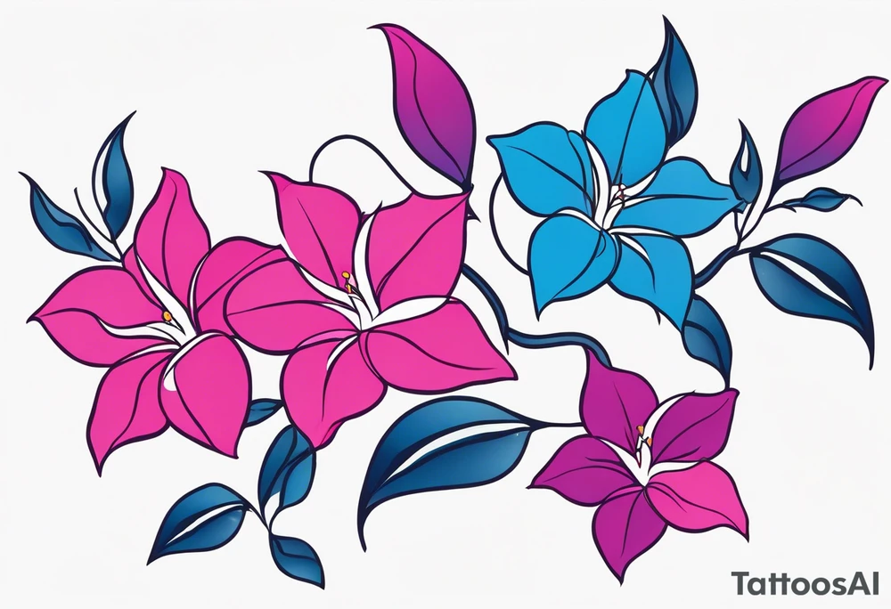 abstract pink, purple, and blue mandevilla flowers on a vine, with color leaking out into the background. SOme of the flowers should be full color, and some just linework. It should have a handdrawn, sketch feel. tattoo idea