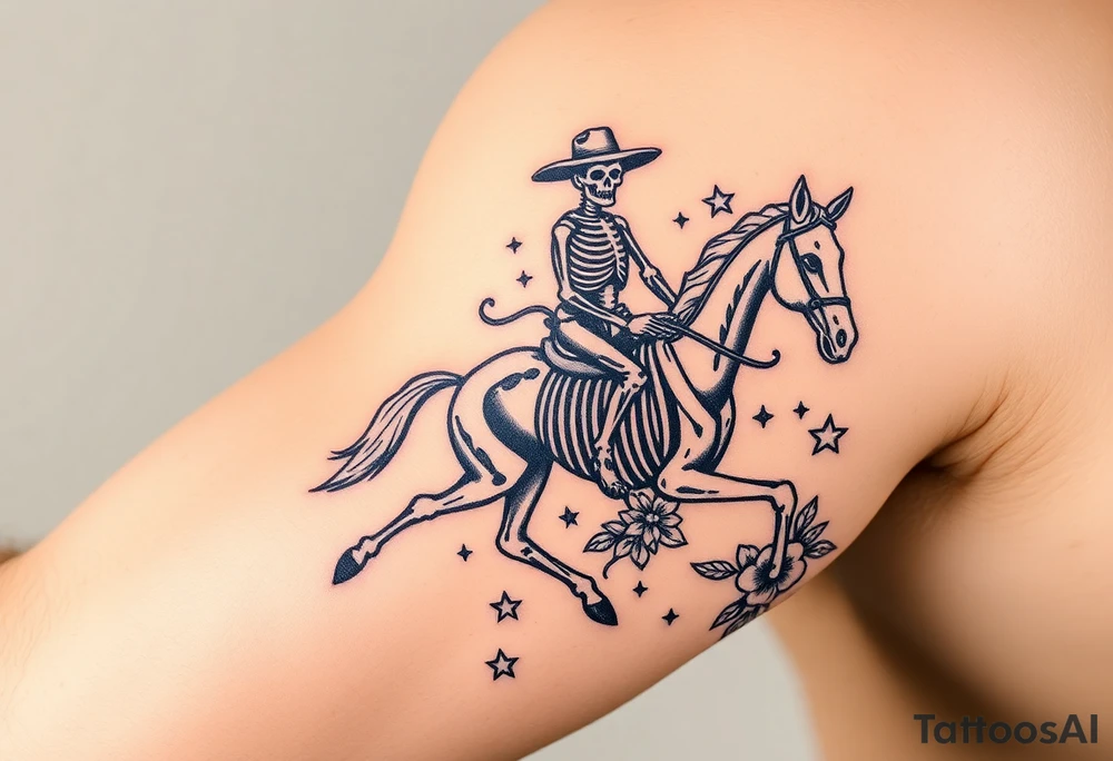 cowboy skeleton riding a horse skeleton on bicep, Fill with (stars, dots, and flowers) tattoo idea