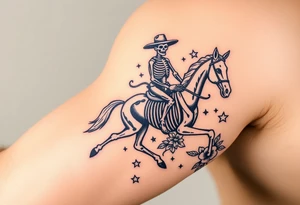 cowboy skeleton riding a horse skeleton on bicep, Fill with (stars, dots, and flowers) tattoo idea