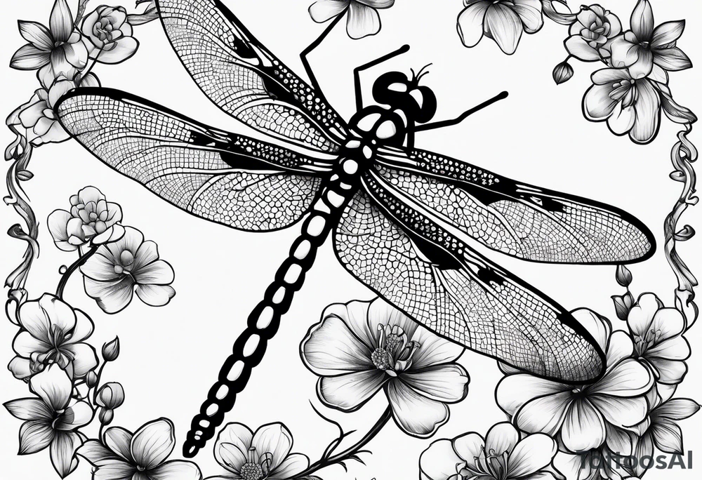 Dragon fly with clover flowers behind it tattoo idea