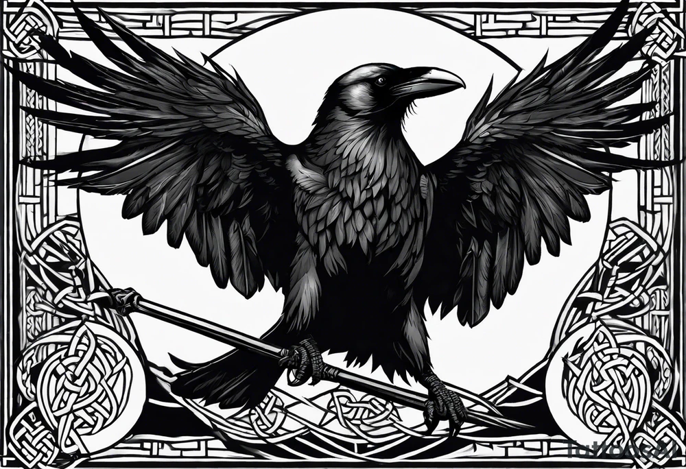 Large raven sitting on top of banner held up by 3 spears on a mideaval battle field. The banner has celtic runs on it. Tattoo would fit on forearm tattoo idea