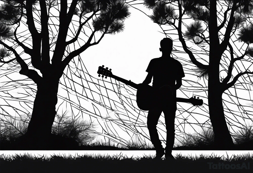 silhouette of a man standing under a pine tree playing electric guitar tattoo idea