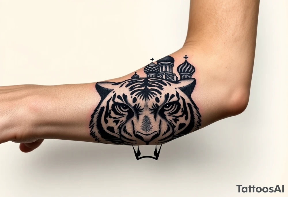 Realistic tiger face on the back of the hand with strong contrast and fine detail with hollow black eyes. with a highly detailed Russian Orthodox cathedral sitting above on fore arm with onion domes and orthodox crosses, done in fine line, engraving-like style. Cohesive composition, black ink only, no color, high contrast, slightly aged, documentary-style, plain light background. with clouds above and a virgin mary tattoo idea