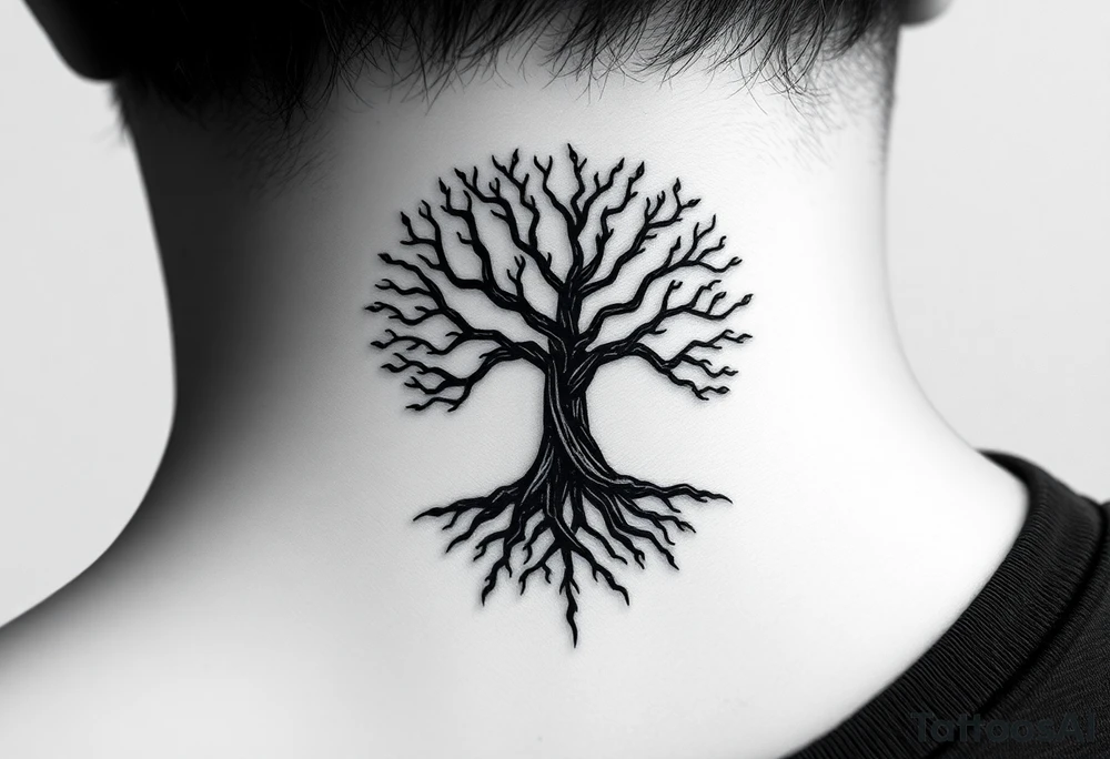 mystical tree of life with cosmic roots and celestial branches tattoo idea