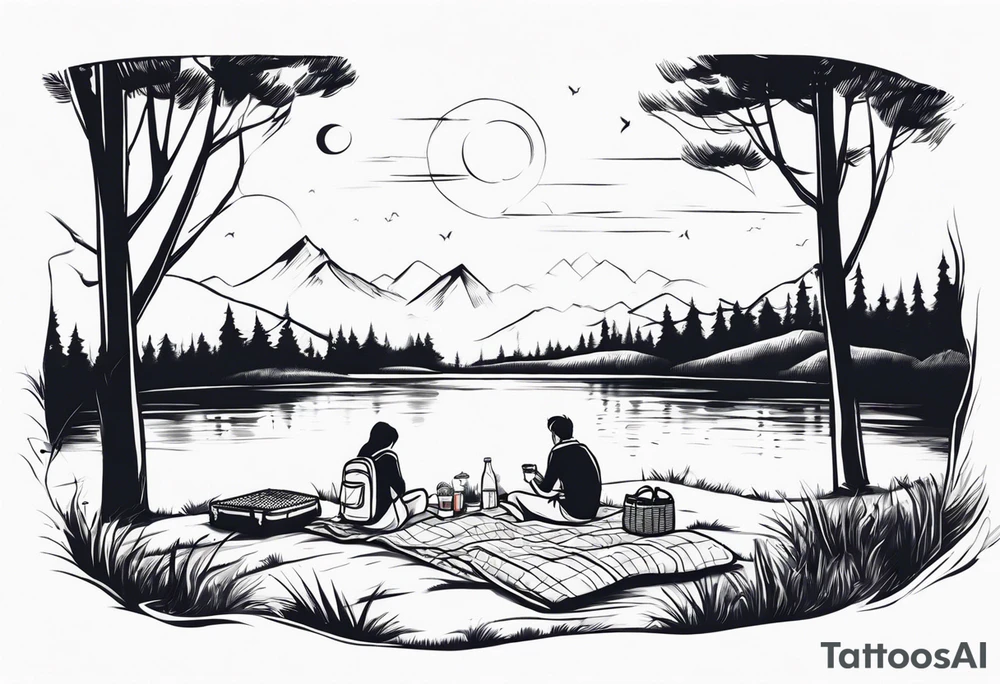 Very light, minimalstic picnic scene in nature. A blanket on the ground with one picnic-basket with lid, one backpack, pillows and tennants in the trees. tattoo idea