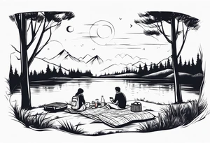 Very light, minimalstic picnic scene in nature. A blanket on the ground with one picnic-basket with lid, one backpack, pillows and tennants in the trees. tattoo idea