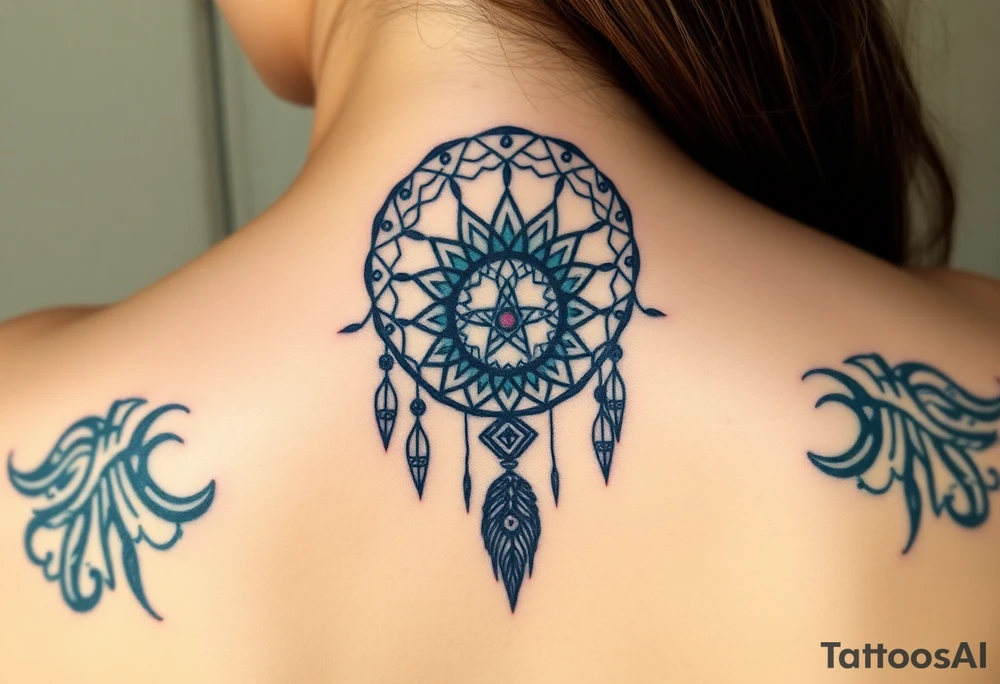 Dreamcatcher with zodiac symbols and protection runes caught in it with wolf teal tattoo idea