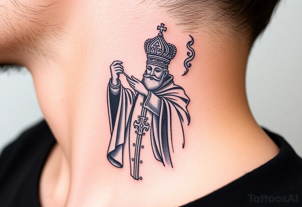 Russian Orthodox Priest in a fully detailed gold vestment swinging a censer with smoke curling upward tattoo idea