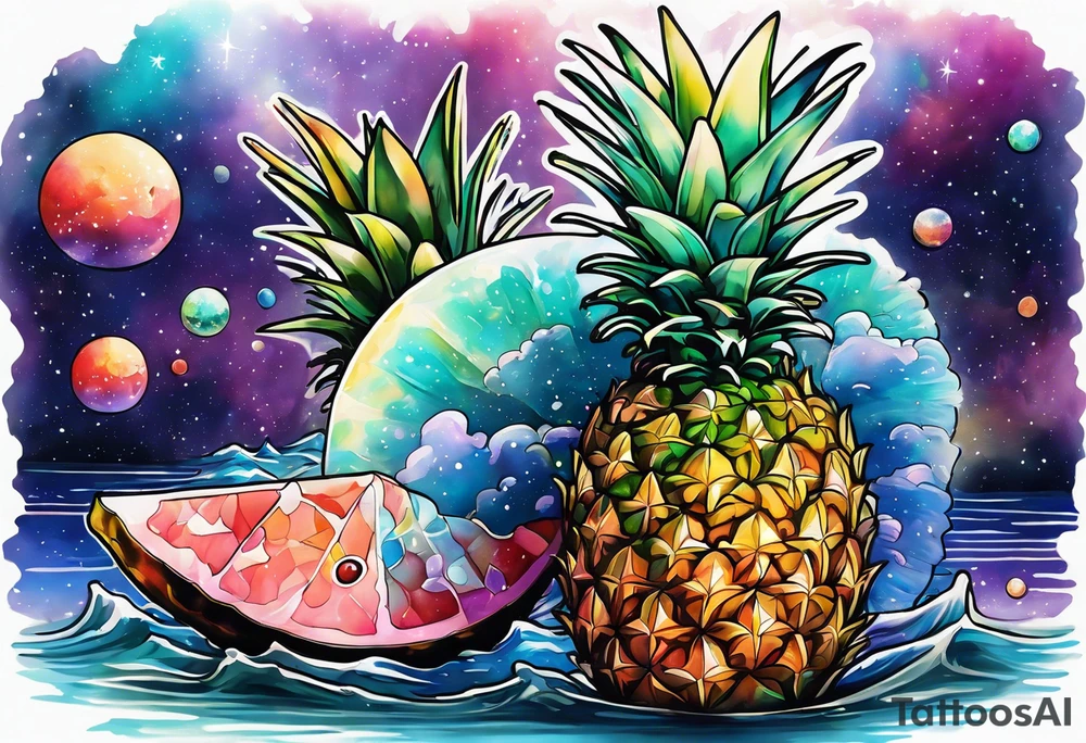 Glass animals and wildlife in Amsterdam canal in space featuring galaxy colours featuring pineapples tattoo idea