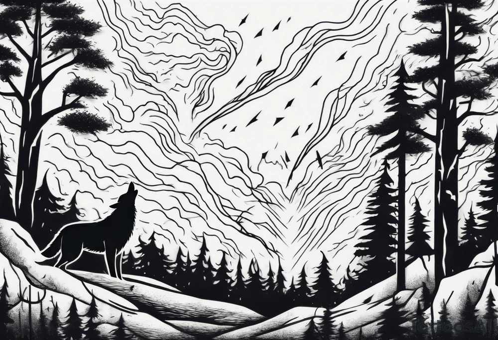 lightning storm over a forest with a distant wolf howling tattoo idea lightning storm over a forest with a distant wolf howling tattoo idea