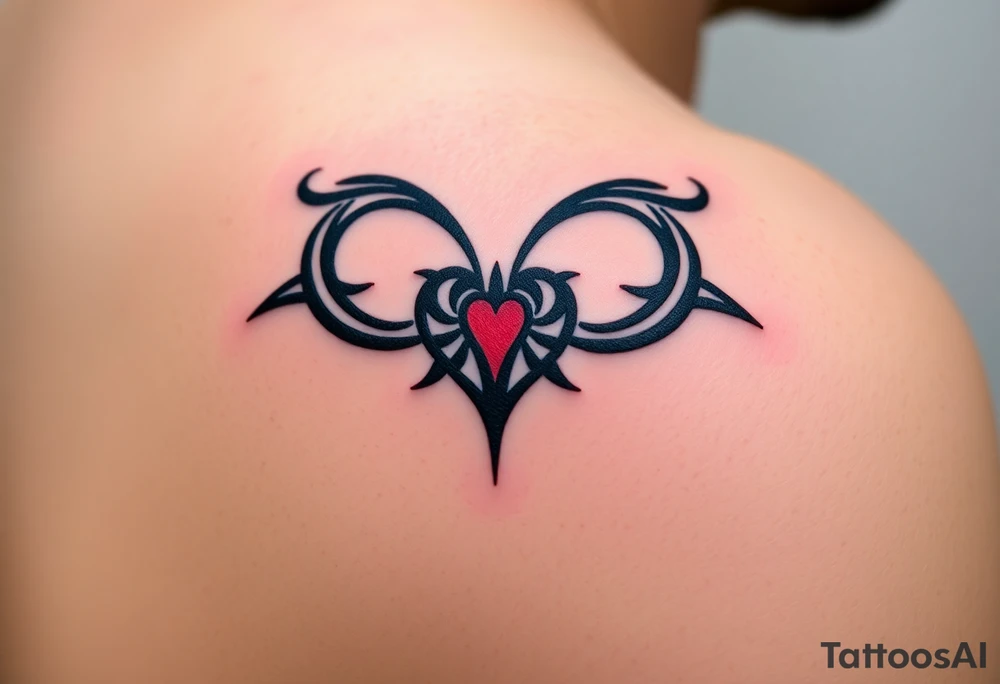 A bold tribal-style infinity symbol with sharp geometric patterns and heart, in black ink with subtle red accents tattoo idea
