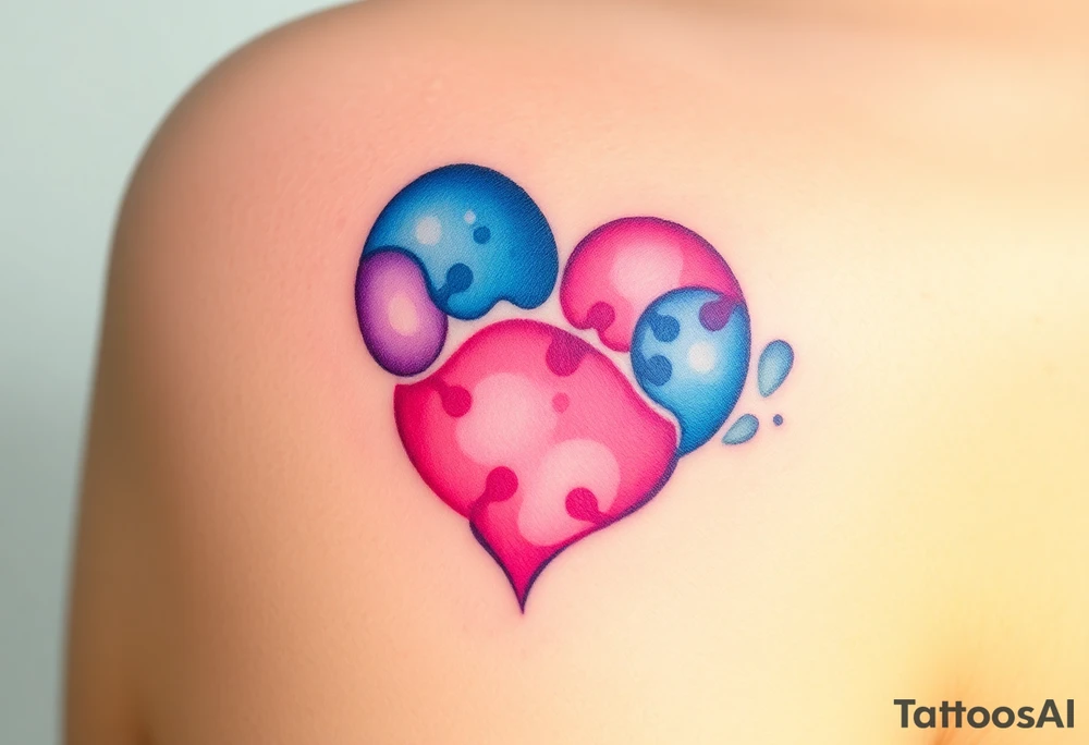 paw in the shape of a heart blending vibrant hues of pink, blue, and purple, creating tattoo idea