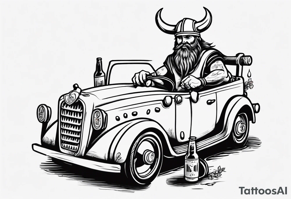 A Viking driving a car drinking a beer tattoo idea
