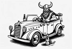 A Viking driving a car drinking a beer tattoo idea