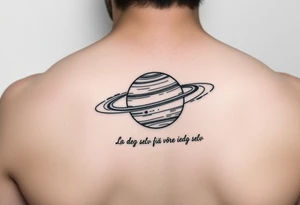 Minimalistic saturn planet, but instead of Saturn’s rings there is a text that says «La deg selv få lovt til å være deg selv» tattoo idea