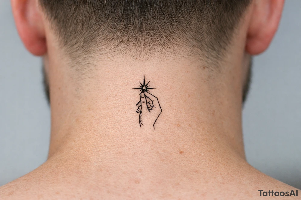 Single needle hand silhouette holding a sharp-lined starburst, geometric. tattoo idea