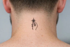 Single needle hand silhouette holding a sharp-lined starburst, geometric. tattoo idea