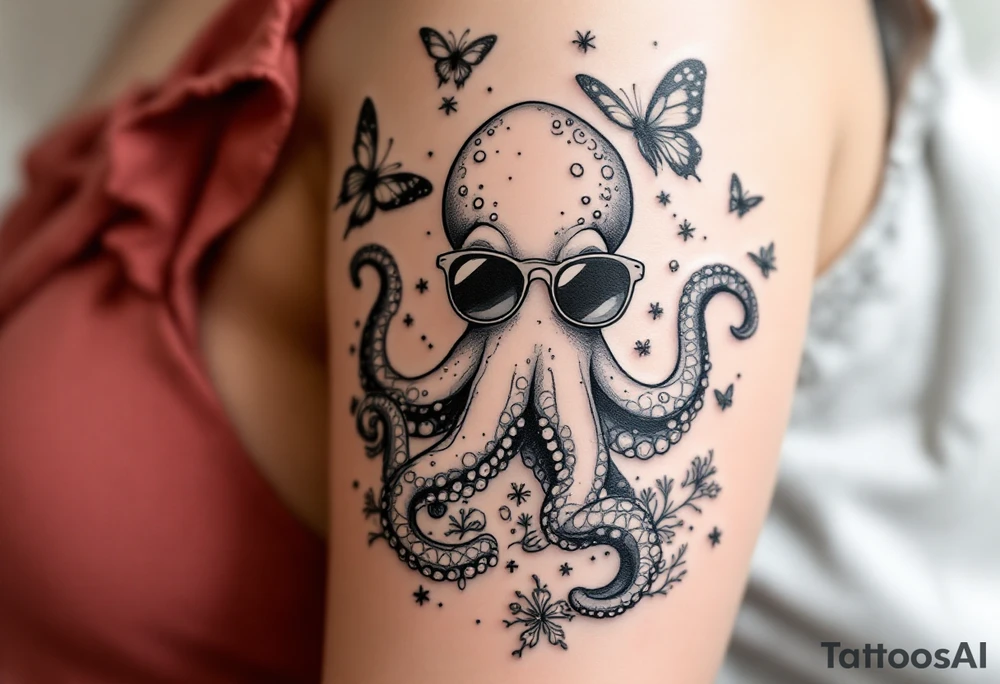 cute octopus, wearing sunglasses, friendly, surrounded by butterflies and oceanic items, grey ink tattoo idea