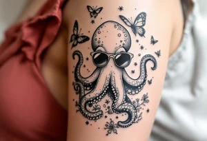 cute octopus, wearing sunglasses, friendly, surrounded by butterflies and oceanic items, grey ink tattoo idea
