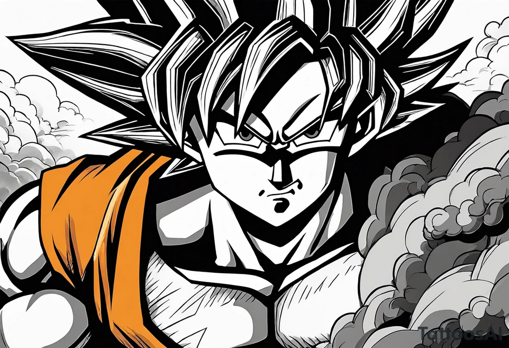 Son-Goku as a super saiyajin . A huge dragonball surrounds the whole scenery. Gokus friends are surrounding him as shadows tattoo idea