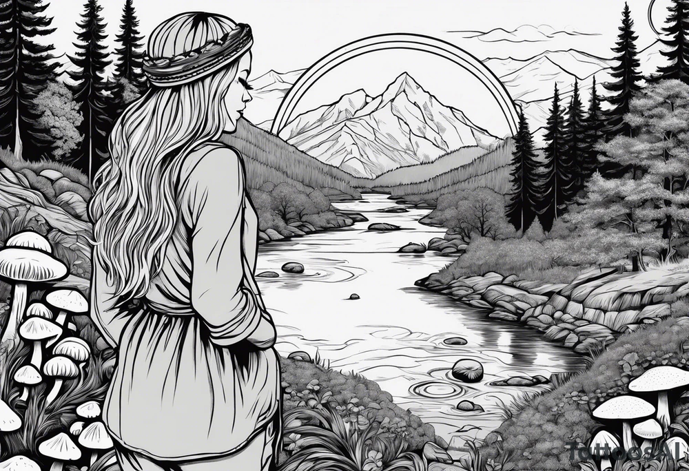 Whole picture encircled fully

Straight long blonde hair hippie girl in distance holding mushrooms in hand facing away toward mountains and creek surrounded by mushrooms long sleeve shirt and hiking pants; whole rendering within a full circle, no cut off circle tattoo idea