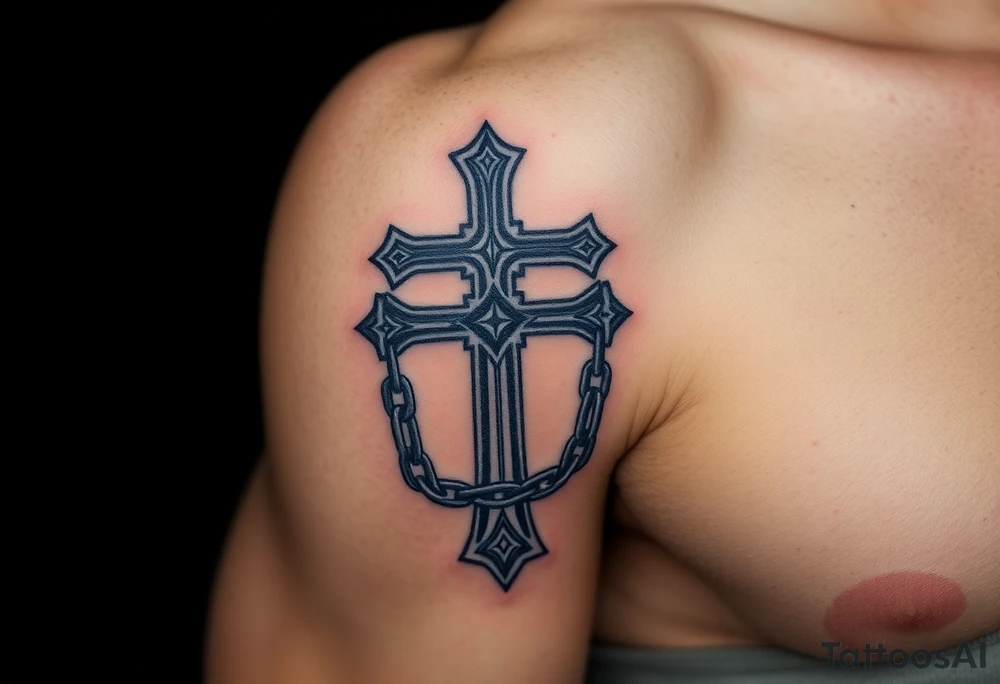 A Gothic cross entwined with chains, in silver and dark metallic tones, symbolizing pain and sacrifice tattoo idea