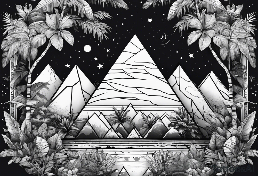 thick line art of space and jungle in 3 triangle shape tattoo idea