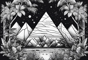 thick line art of space and jungle in 3 triangle shape tattoo idea