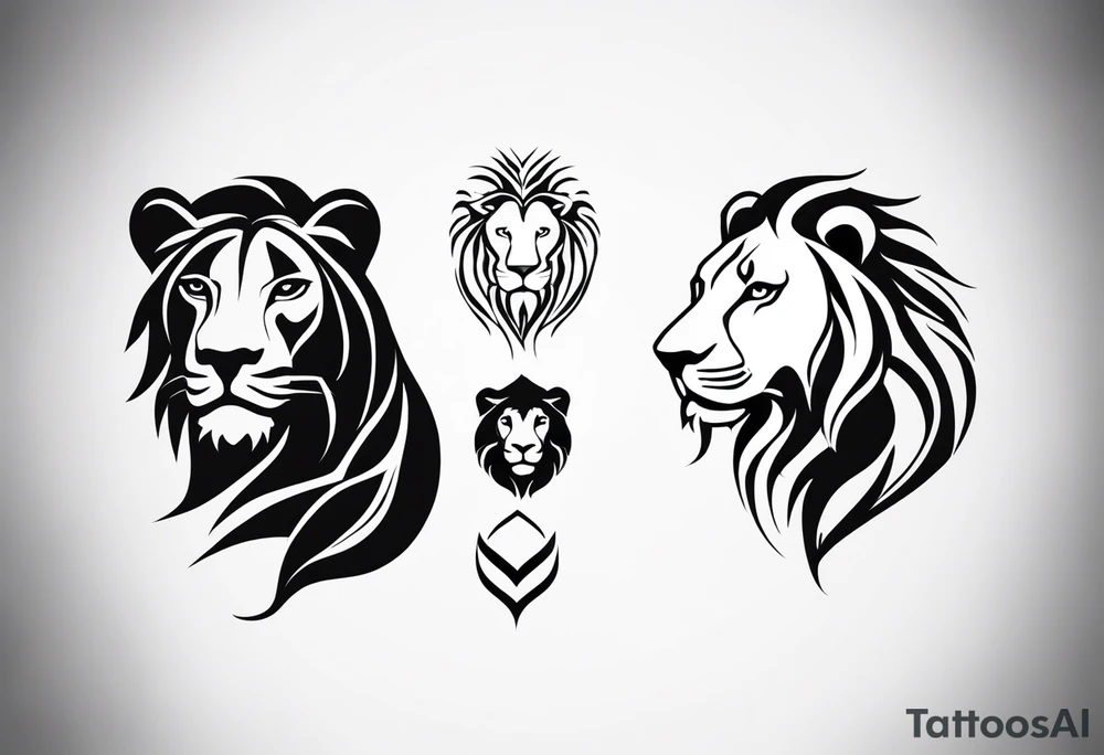 Minimalist black and white tattoo design for the calf featuring a lion, lioness, and lion cub. The lion faces upward towards the sky, looking in the opposite direction of the lioness. The lion cub is positioned below them, looking up. The design has a feminine touch with simple lines and elegant curves, focusing on the emotional connection between the three animals. tattoo idea